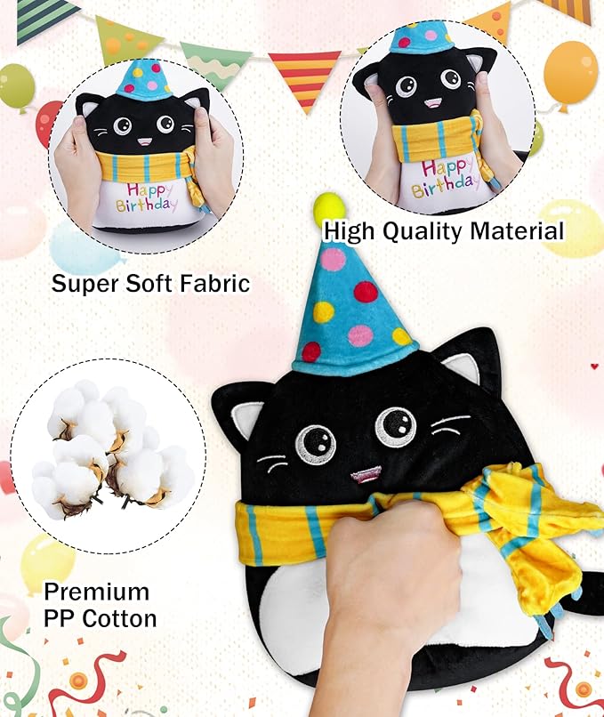 Stuffed Cat Birthday Plush Gift - Adorable Black Cat Stuffed Doll, Cute Birthday Hat and Scarf, Soft Huggable for Kids, Cute Decor, 8 Inch