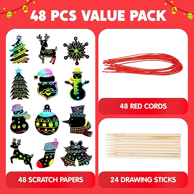 JOYIN 48 Pcs Christmas Scratch Art Ornaments, Scratch Paper Craft Kit Include Snowman, Snowflakes, Christmas Tree, and Reindeer, Rainbow Color Scratch Off Hanging Ornament for Kids Party Favors