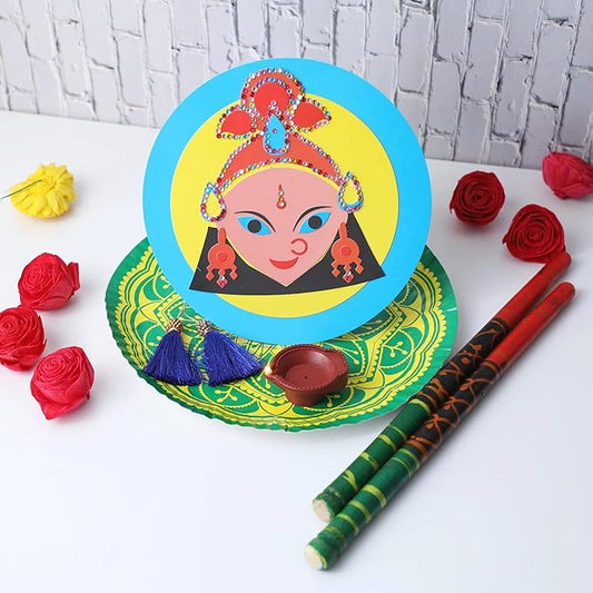 Desifavors Navratri Festive Kit | Puja Thali Kit | Decorated Gujarati Dandiya Sticks & Diya | Navratri Diwali Gifting | DIY Durga Puja Traditional Indian Craft Kit | 12 Inch (Pack of 1)