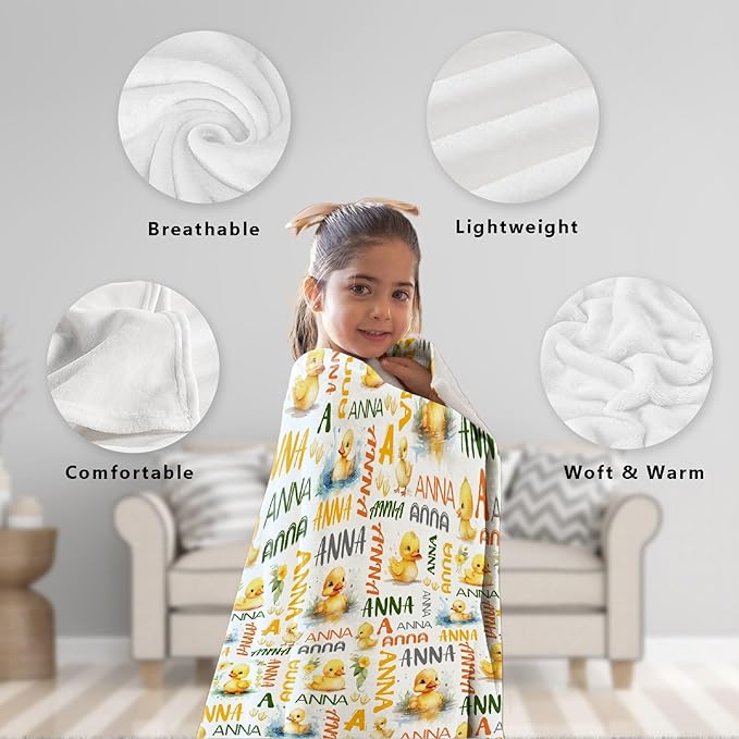 Custom Name Duck Blanket for Girls Adult duck Blanket Kids Funny Blanket Suitable for bedroom bed sofa Crib Couch Chair outdoor All Season Items That Yellow Duck Lovers Will Love80"x60"for Adult