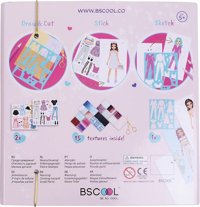 BSCOOL Fashion Studio Drawing, Coloring & Little Designer Creativity Book for Kids 4 and Up with Stickers, Stencils, Textures - Creative Fashion Design Sketchbook for Girls