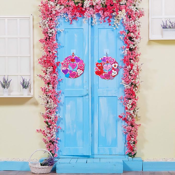 Winlyn 12 Sets Heart Wreath Ornaments Decorations Valentine Crafts Kits for Kids Classroom DIY Valentine's Day Heart Wreath Assorted Heart Cutouts Foam Stickers Googly Eyes Valentine Gift Exchange