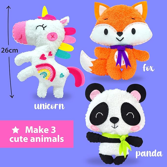 KRAFUN Unicorn Beginner Animal Sewing Kit for Kids Age 7-13 My First Art & Craft, Includes 3 Stuffed Animal Dolls Panda, Fox, Instructions & Plush Felt Materials for Learn to Sew, Embroidery