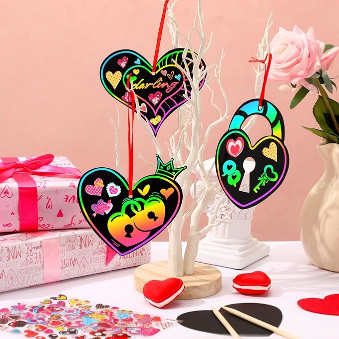 FEBSNOW Valentines Crafts for Kids, 48 PCS Heart Rainbow Magic Scratch Art Valentines Day Cards for Kids Classroom Scratch Paper Art for Valentines Day Gifts Party Favors witn Heart Stickers
