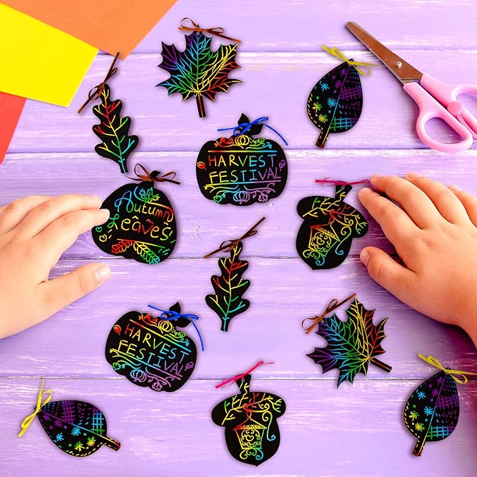 Whaline 60 Pack Fall Theme Rainbow Scratch Art Set Thanksgiving Black Scratch Paper Pumpkin Autumn Leaves Acorn Pattern with 60Pcs Ribbons and 15Pcs Wooden Styluses for Birthday Harvest Party Decor