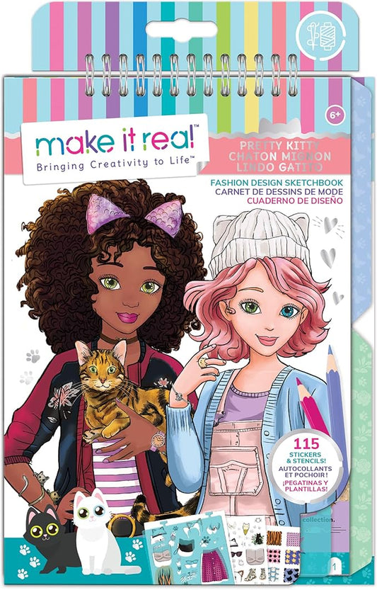 Make It Real Fashion Design Sketchbook for Girls - Pretty Kitty Cat-Themed Design Kit with Stencils, Stickers, Guide - Unleash Creativity, Develop Skills, for Kids Ages 6
