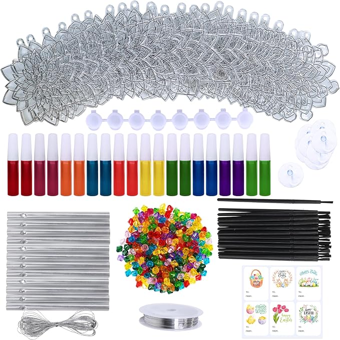 Winlyn 24 Sets Lotus Flower Suncatcher Wind Chimes Decorations DIY Window Paint Art Stickers Craft Kits Flower Sun Catchers for Kids Classroom Birthday Spring Summer Party Activities Art Project