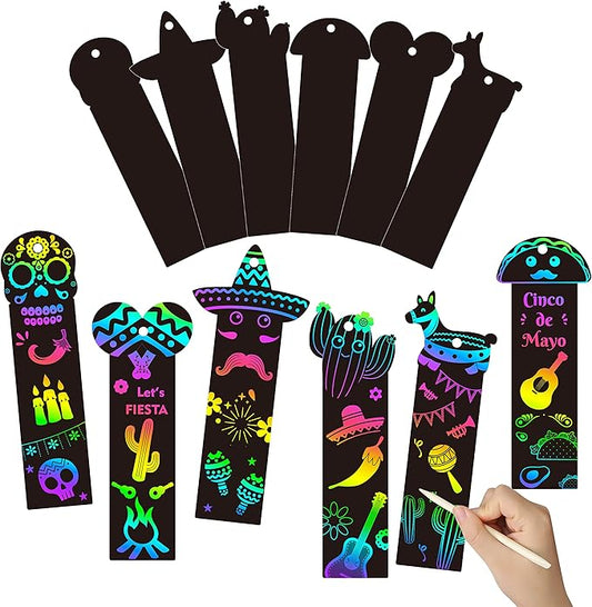 WATINC 60pcs Fiesta Scratch Bookmarks for Kids, Mexican Scratch Off Cards Art Craft Kit, Cinco De Mayo Magic Color DIY Drawing Paper, Mexico Classroom School Home Party Favors Hanging Decor
