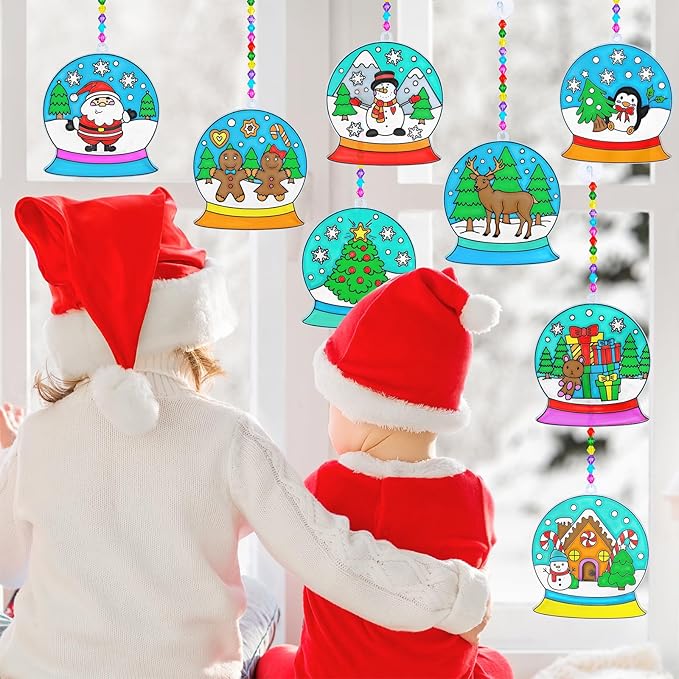 Winlyn 24 Sets Christmas Snow Globe Suncatcher Ornaments DIY Window Paint Art Suncatchers Craft Kits Winter Christmas Snow Globe Sun Catchers for Kids Holiday Classroom Party Decorations Art Project