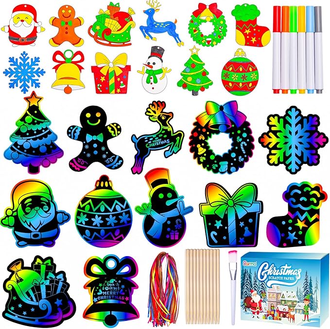 Garma 72Pcs Christmas Crafts Scratch Art for Kids, Rainbow Scratch Paper Christmas Ornaments Crafts Christmas Party Favors Toys Xmas Tree Ornaments Hanging Craft Art Kits