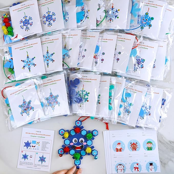 Winlyn 24 Sets Christmas Craft Kits Winter Crafts DIY Snowflake Ornaments Decorations Art Sets Foam Snowflakes Smile Stickers Jingel Bells for Kids Holiday Home Classroom Activities Party Favors
