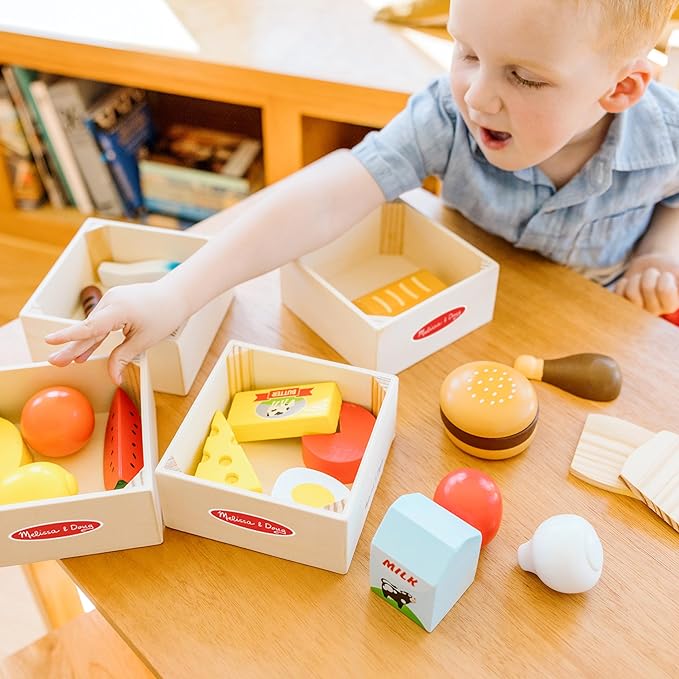Melissa & Doug Food Groups - 21 Wooden Pieces and 4 Crates, Multi Play Food Sets For Kids Kitchen, Pretend Toy For Toddlers And Kids Ages 3+