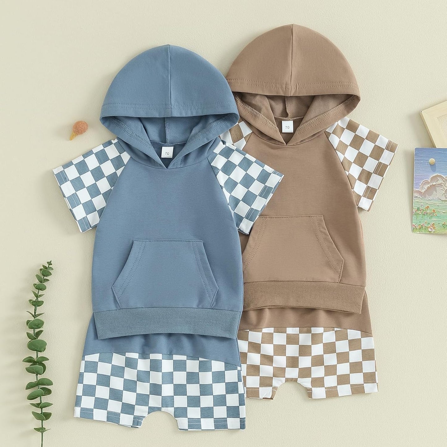 Toddler Baby Boy Summer Hooded Outfit Contrast Color Short Sleeve T Shirt Top Elastic Shorts Summer Clothes Set