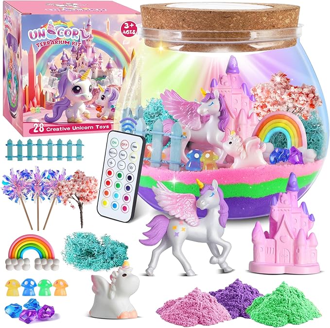 Uni-Corn Terrarium Kit Toys for Girls - Birthday Christmas Gift for Girls Ages 4 5 6 7 8-12 Year Old - Light Up DIY Uni-Corn Arts and Crafts for Kids