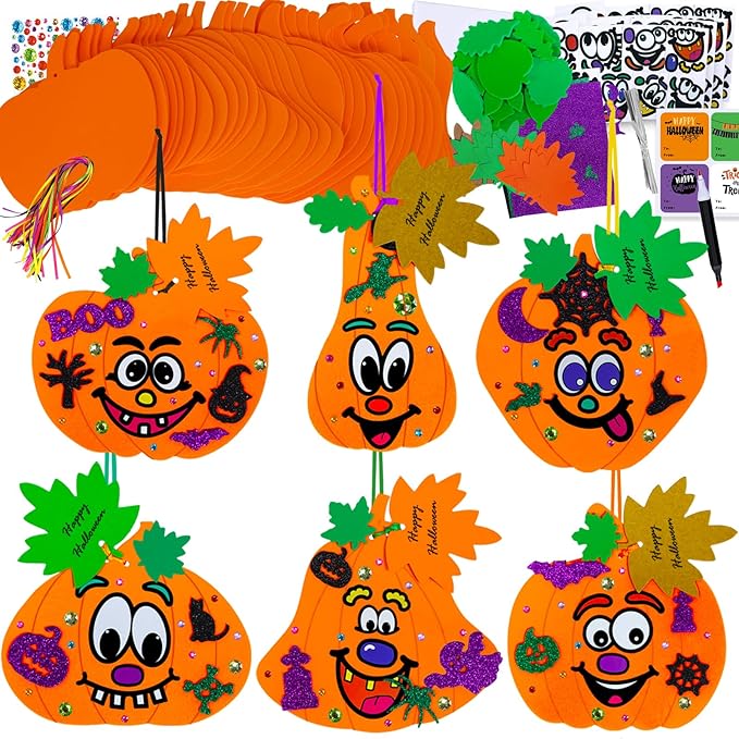 Winlyn 36 Sets Fall Halloween Pumpkin Decorations DIY Pumpkin Craft Kits Foam Pumpkin Shapes with Jack-O'-Lantern Face Glitter Halloween Stickers Maple Leaf for Kids Party Favors Classroom Activities