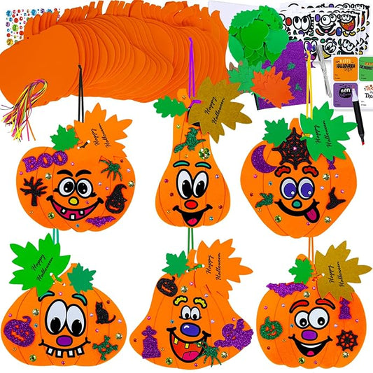 Winlyn 36 Sets Fall Halloween Pumpkin Decorations DIY Pumpkin Craft Kits Foam Pumpkin Shapes with Jack-O'-Lantern Face Glitter Halloween Stickers Maple Leaf for Kids Party Favors Classroom Activities