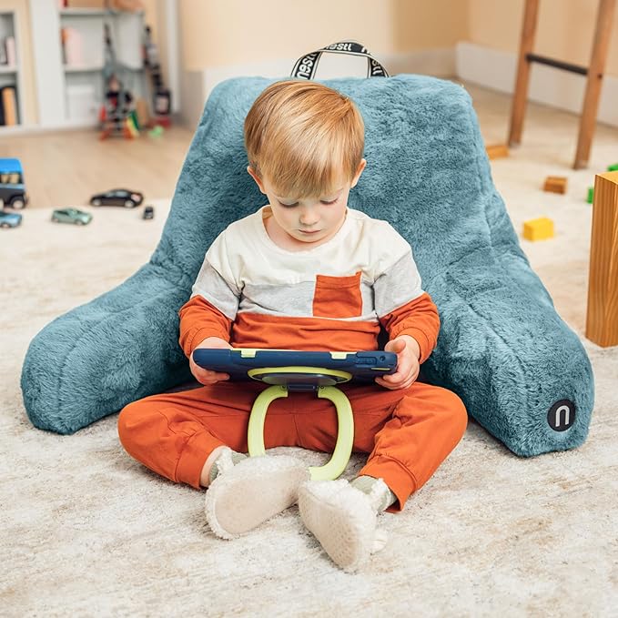 Nestl Fur Reading Pillow, Stylish Back Pillow for Bed Sitting Up, Faux Fur Bed Chair Pillow with Arms, Reading Pillows for Sitting in Bed Adult & Kids, Back Support Pillow for Bed Rest - Stone Blue