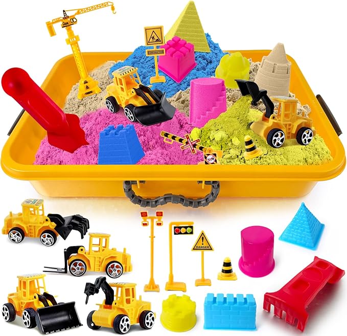 ESSENSON Sensory Bin - Play Sand Kit with Construction Set Toy Truck and 4lbs Magical Sand, Pretend Play Beach Sensory Toy Sandbox, Kids Gifts for Girls and Boys