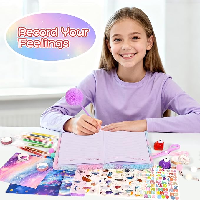 LiYiQ Plush Mermaid Diary Gift for Girls Kids Travel Journal Secret Diary with Scrapbook Paper Stickers Journal Stencils Pompom Pen and Washi Tape Practical Set Gift for Birthday Christma