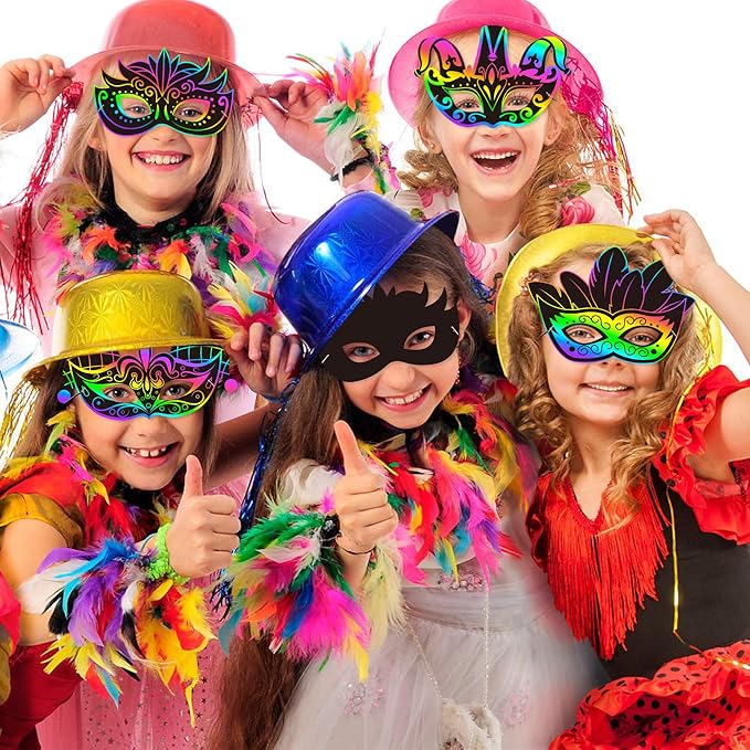 WATINC 24pcs Mardi Gras Scratch Masks for Kids, Carnival Prom Art Craft Kit, Masquerade Party DIY Magic Color Paper Mask, Costumes Dress Up Scratch Off Cards Supplies