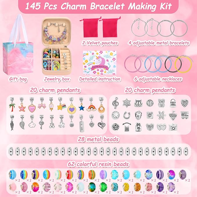 Charm Bracelet Making Kit for Girls, 140 PCS DIY Craft Bead Sets Jewelry Making Kit for Teen Girls Age 8-12, Portable Bracelet Organizer Gift Box for Teenage Birthday Christmas Stocking Gift