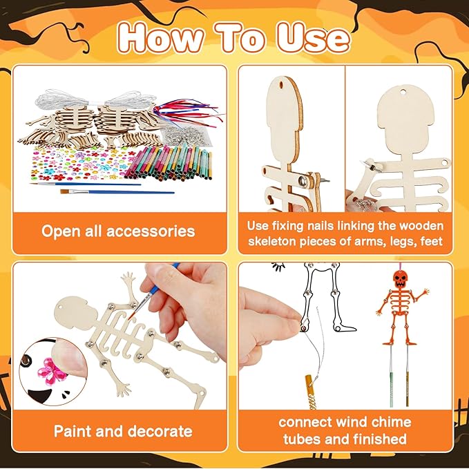 Fennoral 9 Pack Skeleton Wind Chime Kit for Kids Make You Own Skeleton Wind Chime Hanging Ornaments DIY Coloring Wooden Halloween Crafts for Boys Girls Art Activity Halloween Party Decoration