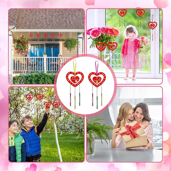 Fennoral 27 Pack Heart Wind Chime Kit for Kids Make You Own Red Heart Wind Chimes Mother's Day Wooden Ornaments for Kids Art and Craft Party Decoration