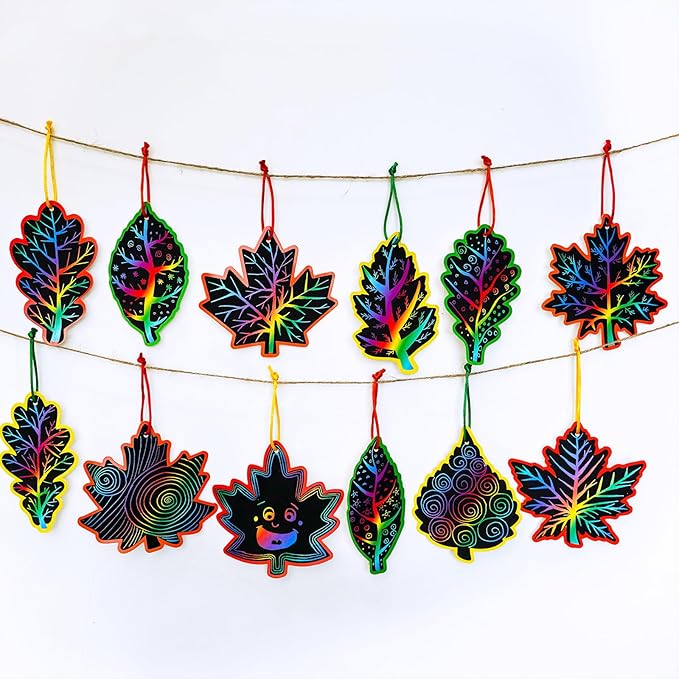 Winlyn 48 Sets 12 Styles Magic Color Scratch Black Fall Leaves Ornaments Decorations Autumn Scratch Art Leaves Fall Leaf Craft Kits for Kids Classroom Activities Halloween Thanksgiving Party Favors