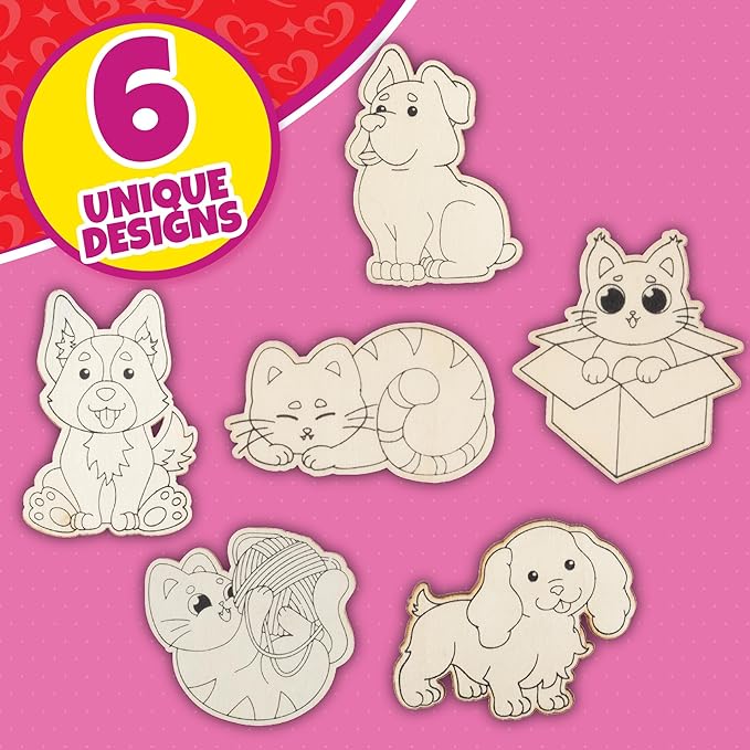 Set of 24 Valentines Cards for Kids Classroom -Valentine's Day Cats & Dogs Wood Painting Kits for Kids School -Each Valentines Gift Includes Complete Craft Kit & Card for Boys Girls Classroom Exchange