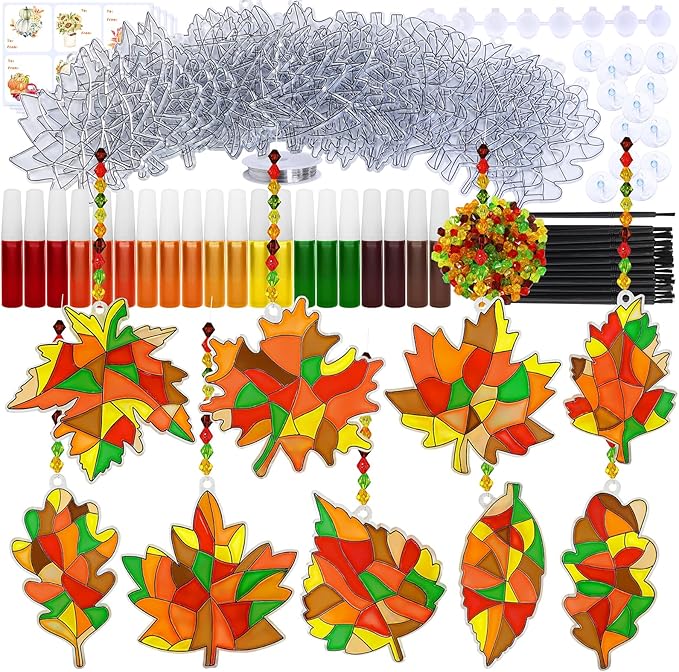 Winlyn 27 Sets Fall Leaf Suncatchers Ornaments DIY Window Paint Art Fall Craft Kits Maple Leaf Sun Catchers Painting Kits for Kids Classroom Activities Art Project Thanksgiving Autumn Party Decoration