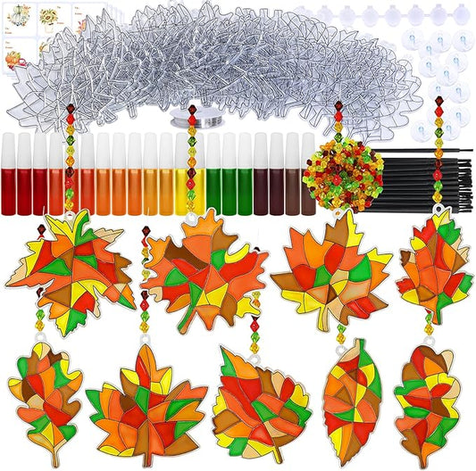 Winlyn 27 Sets Fall Leaf Suncatchers Ornaments DIY Window Paint Art Fall Craft Kits Maple Leaf Sun Catchers Painting Kits for Kids Classroom Activities Art Project Thanksgiving Autumn Party Decoration