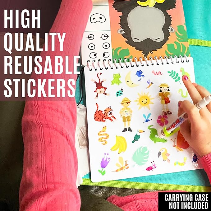 Kids Small Size Travel Educational Activity Books with Washable Markers (7"x7") - Car and Airplane Activities - Reusable Stickers for Ages 4, 5, 6 (Jungle, Ocean & Princess)