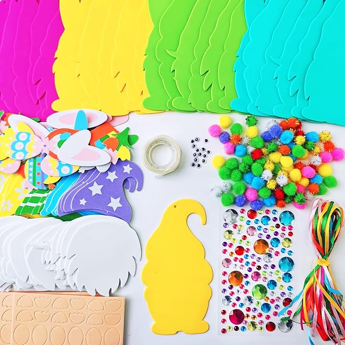 Winlyn 24 Sets Easter Decorations DIY 3D Gnome Ornaments Easter Craft Kits Assorted Foam Easter Gnome Ornaments Easter Stickers for Kids Party Favors Easter Spring Classroom Home Activity Art Project