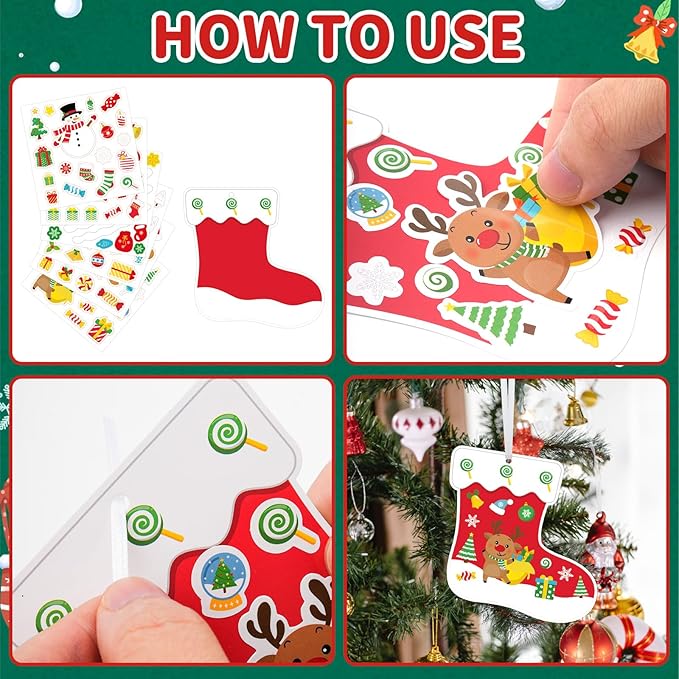 COCHIE 48Pcs DIY Christmas Craft Kits for Kids, Christmas Tree Stockings Ornaments Kit, Make Your Own Christmas Stockings Craft Xmas Party Decor DIY Stockings Cutouts for Holiday Handcraft Supplies