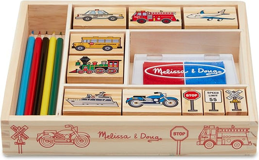 Melissa & Doug Wooden Stamp Set: Vehicles - 10 Stamps, 5 Colored Pencils, 2-Color Stamp Pad