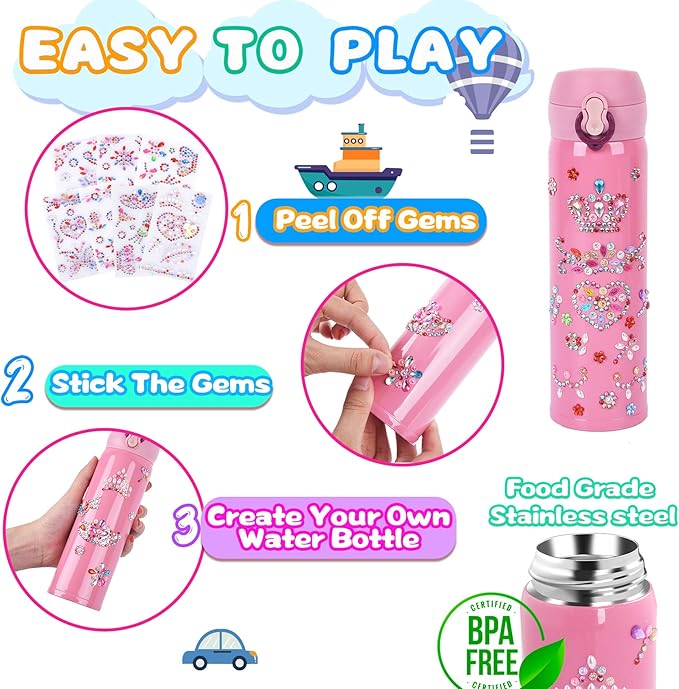 YOFUN Create Your Water Bottle with Tons of Rhinestone Gem Stickers - Craft Kit & DIY Art Set for Children, Gift for Girls - 17 OZ BPA Free Stainless Steel Vacuum Insulated Mug (Gemstone)