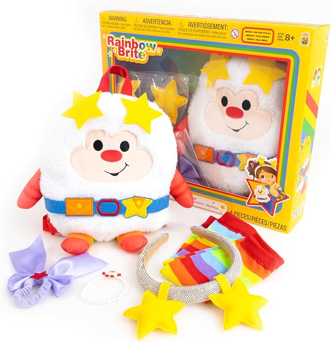 Rainbow Brite 6-Piece Set with adjustable Plush Backpack, Sparkle Star Headband, Rainbow Arm Warmers, Purple Bow Hair Tie, Sprite Bracelet. One size/Adults, Kids. Great for costumes, cosplay, dress up