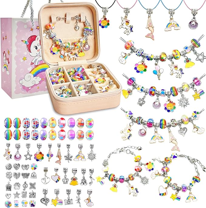 Charm Bracelet Making Kit for Girls 8-12, DIY Bead Jewelry Making Kit with Box, Arts and Crafts for Kids 6-8 Gifts for Girl Toys Age 6 7 8 9 10 11 12 Festival Birthday