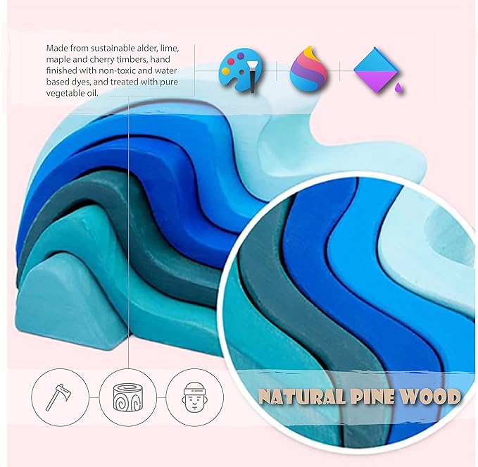 'Four Elements' Rainbow X-Large Rainbow Blocks, Wooden Toys for Kids, Geometric Building Puzzle, Volcano/House Educational Set