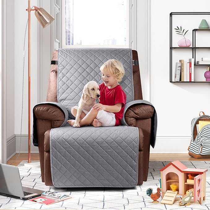 KinCam 100% Waterproof Recliner Chair Cover, Reclining Couch Covers for Pets, Dogs, Recliner Couch Slipcover Furniture Protector with Elastic Straps for Kids(23.6", Light Gray)