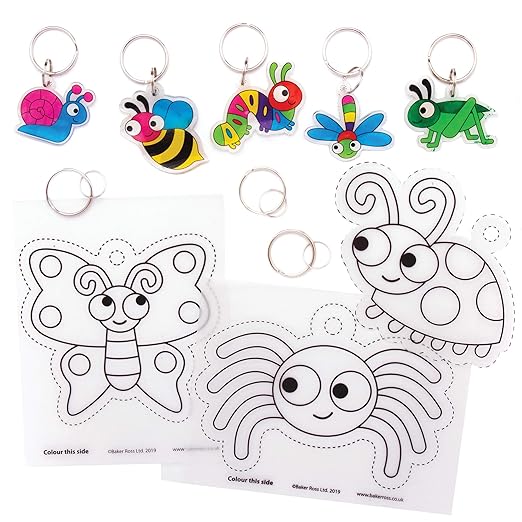 Baker Ross AT609 Bug Super Shrink Keyring Kits - Pack of 8, Make Your Own Key Rings for Kids to Color In, Make and Display, White