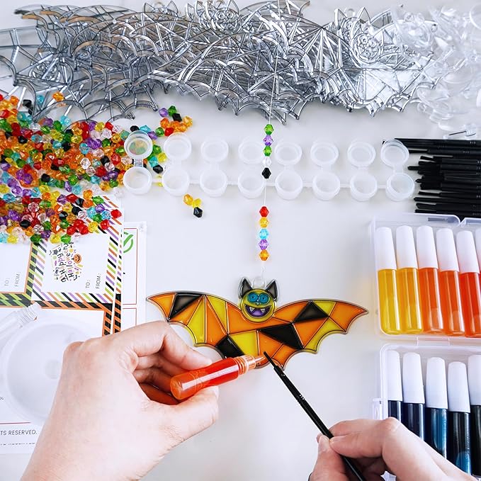 Winlyn 27 Sets Halloween Craft Kits Halloween Bat Suncatchers Ornaments Decorations DIY Window Paint Art Suncatchers Bat Suncatchers Painting Kits for Kids Halloween Classroom Activities Art Projects