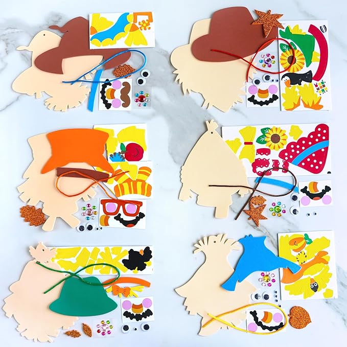 Winlyn 24 Sets Fall Craft Kits Autumn Scarecrow Crafts Fall Scarecrow Head Craft Kits Maple Leaves Pumpkins Harvest Foam Stickers Arts and Crafts for Kids Classroom Activities Holiday Party Favors