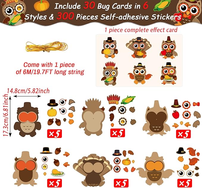 chiazllta 30Pcs Thanksgiving Craft Kits DIY Owl Craft for Kindergarten Kids, Thanksgiving Fall Art Craft Make Your Own Card Sticker Set for Home Class Game Activities Preschoolers