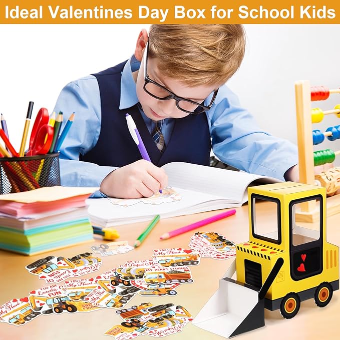 Pasimy DIY Valentines Day Mailbox with 33 Construction Vehicle Cards Valentines Day Crafts for Kids Bulldozer Mailbox for Classroom Exchange Party Activity Box Crafts for Kids Girls Boys
