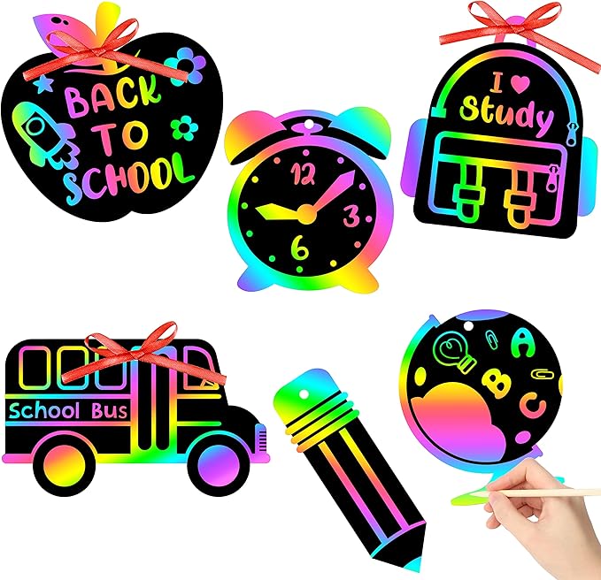 WATINC 60pcs Back to School Scratch Art for Kids, Paper Scratch Off Cards Craft Kit, Pencil Bus Bag Magic Color Bookmarks Party Favors, School Classroom Appreciation Activity DIY Project