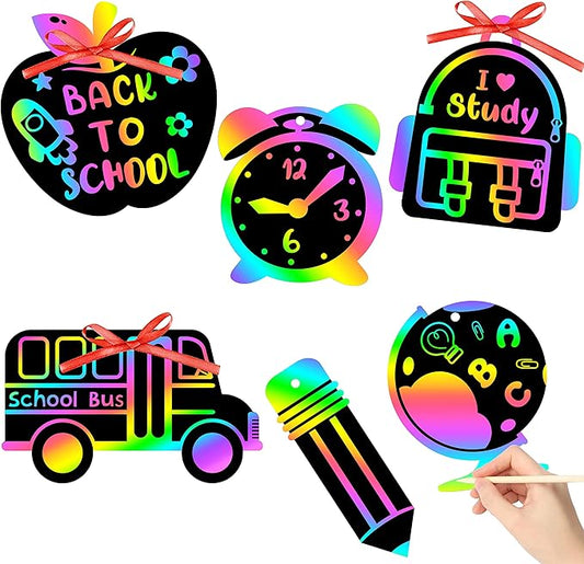 WATINC 60pcs Back to School Scratch Art for Kids, Paper Scratch Off Cards Craft Kit, Pencil Bus Bag Magic Color Bookmarks Party Favors, School Classroom Appreciation Activity DIY Project