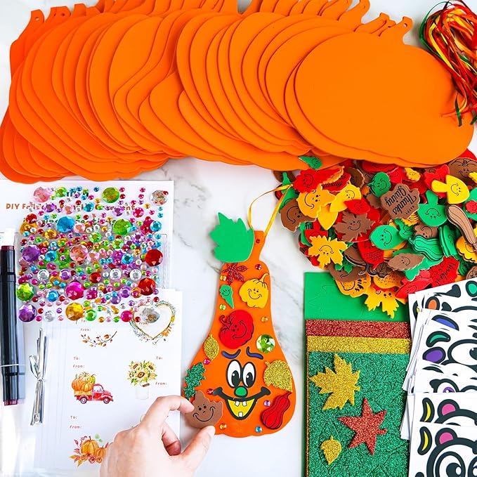 Winlyn 30 Sets Fall Halloween Pumpkin Decorations DIY Pumpkin Craft Kits Foam Pumpkin Shapes 8" W and Smile Fall Leaves Glitter Leaves Pumpkin Decorating Stickers for Kids Classroom Party Activities