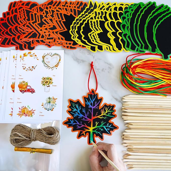 Winlyn 48 Sets 12 Styles Magic Color Scratch Black Fall Leaves Ornaments Decorations Autumn Scratch Art Leaves Fall Leaf Craft Kits for Kids Classroom Activities Halloween Thanksgiving Party Favors