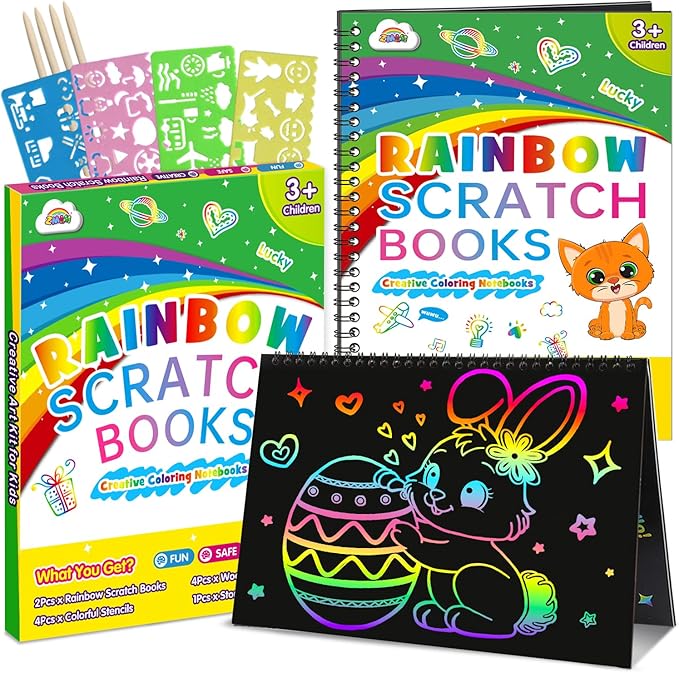 ZMLM Scratch Paper Art Craft Gift: 2 Pack Rainbow Scratch Set Easter Basket Stuffers for Kids Ages 4-8 Drawing Coloring Craft Black Magic Art Supplies Kits for Girls Boys Birthday Party Games Toys